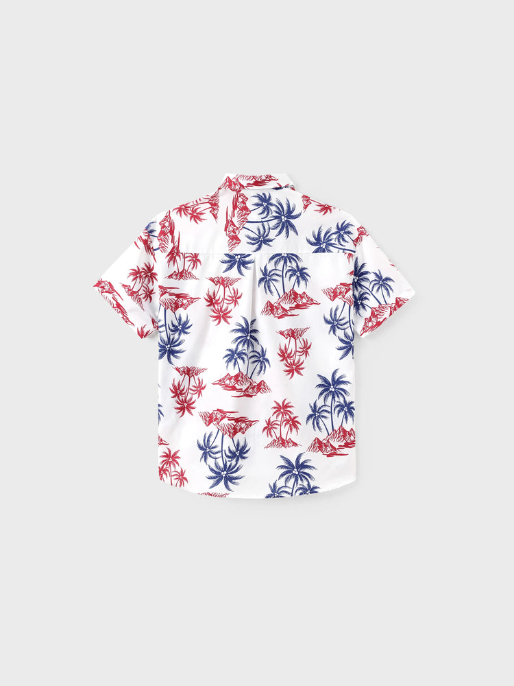 Independence Day 4th of July Matching Family Outfits Red & Blue Palm Tree Print Hawaiian Vacation Clothes Summer Beach Shirt & Dress Set Multi-color