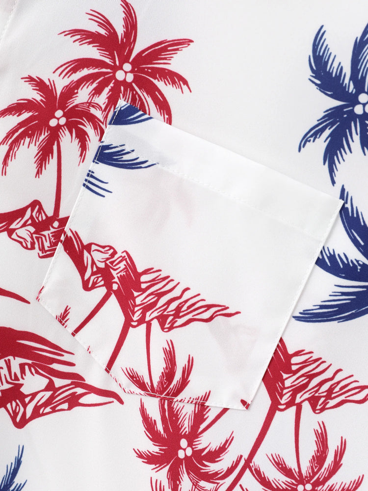 Independence Day 4th of July Matching Family Outfits Red & Blue Palm Tree Print Hawaiian Vacation Clothes Summer Beach Shirt & Dress Set Multi-color