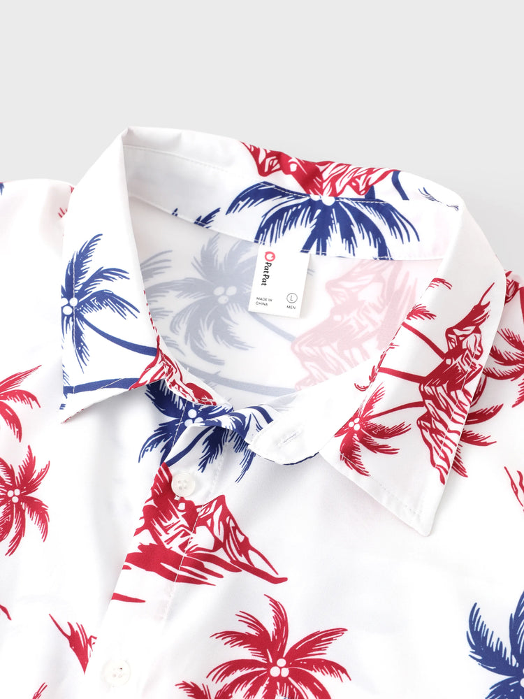 Independence Day 4th of July Matching Family Outfits Red & Blue Palm Tree Print Hawaiian Vacation Clothes Summer Beach Shirt & Dress Set Multi-color