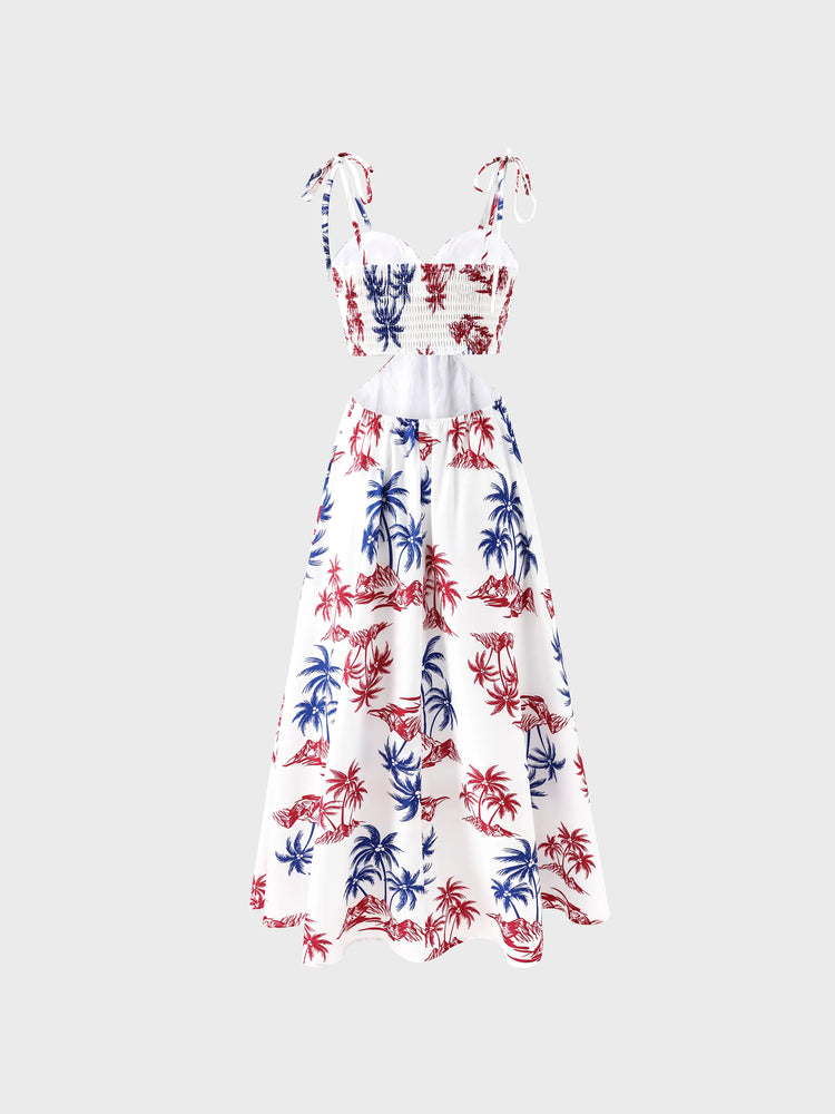 Independence Day 4th of July Matching Family Outfits Red & Blue Palm Tree Print Hawaiian Vacation Clothes Summer Beach Shirt & Dress Set Multi-color