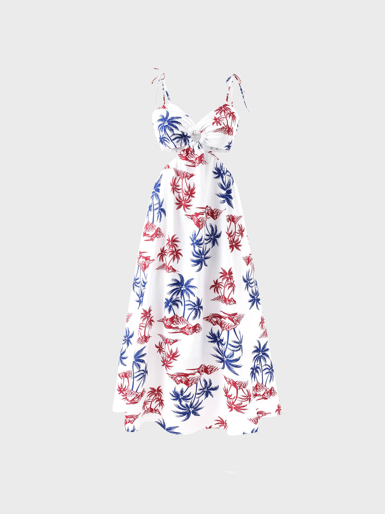 Independence Day 4th of July Matching Family Outfits Red & Blue Palm Tree Print Hawaiian Vacation Clothes Summer Beach Shirt & Dress Set Multi-color