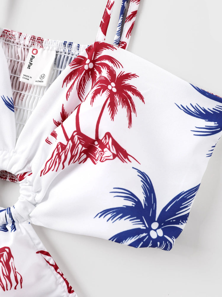 Independence Day 4th of July Matching Family Outfits Red & Blue Palm Tree Print Hawaiian Vacation Clothes Summer Beach Shirt & Dress Set Multi-color