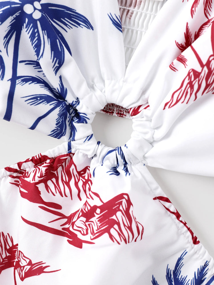 Independence Day 4th of July Matching Family Outfits Red & Blue Palm Tree Print Hawaiian Vacation Clothes Summer Beach Shirt & Dress Set Multi-color