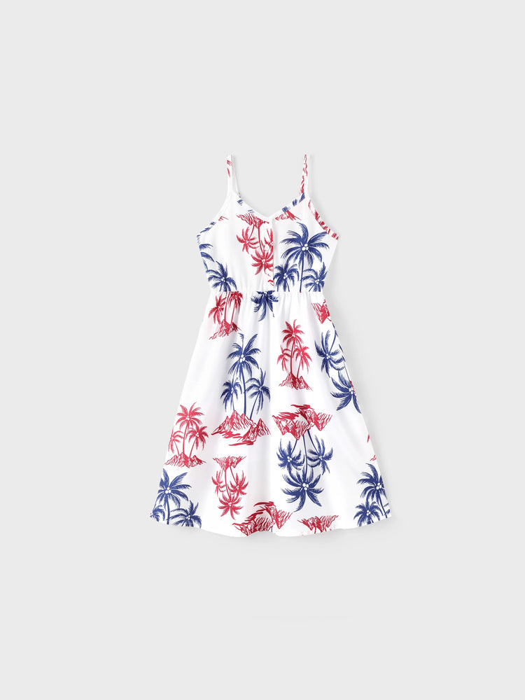 Independence Day 4th of July Matching Family Outfits Red & Blue Palm Tree Print Hawaiian Vacation Clothes Summer Beach Shirt & Dress Set Multi-color