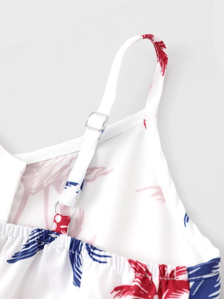 Independence Day 4th of July Matching Family Outfits Red & Blue Palm Tree Print Hawaiian Vacation Clothes Summer Beach Shirt & Dress Set Multi-color