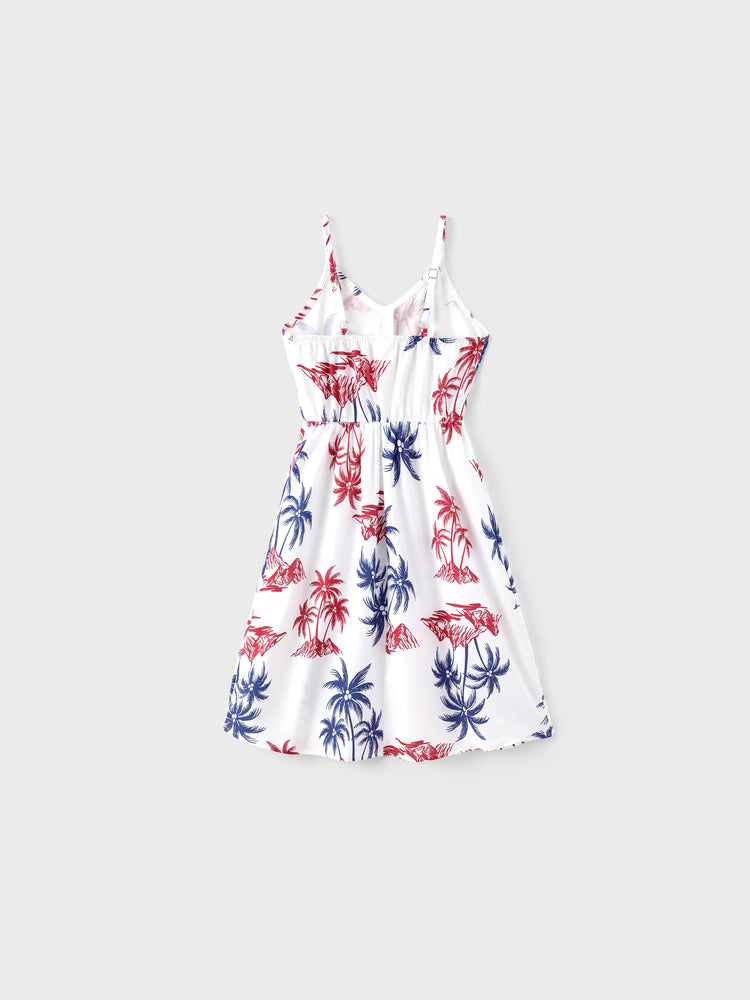 Independence Day 4th of July Matching Family Outfits Red & Blue Palm Tree Print Hawaiian Vacation Clothes Summer Beach Shirt & Dress Set Multi-color