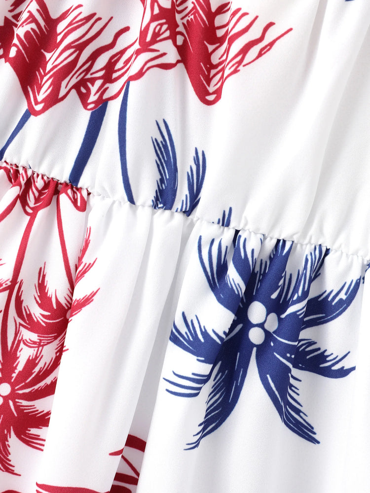 Independence Day 4th of July Matching Family Outfits Red & Blue Palm Tree Print Hawaiian Vacation Clothes Summer Beach Shirt & Dress Set Multi-color