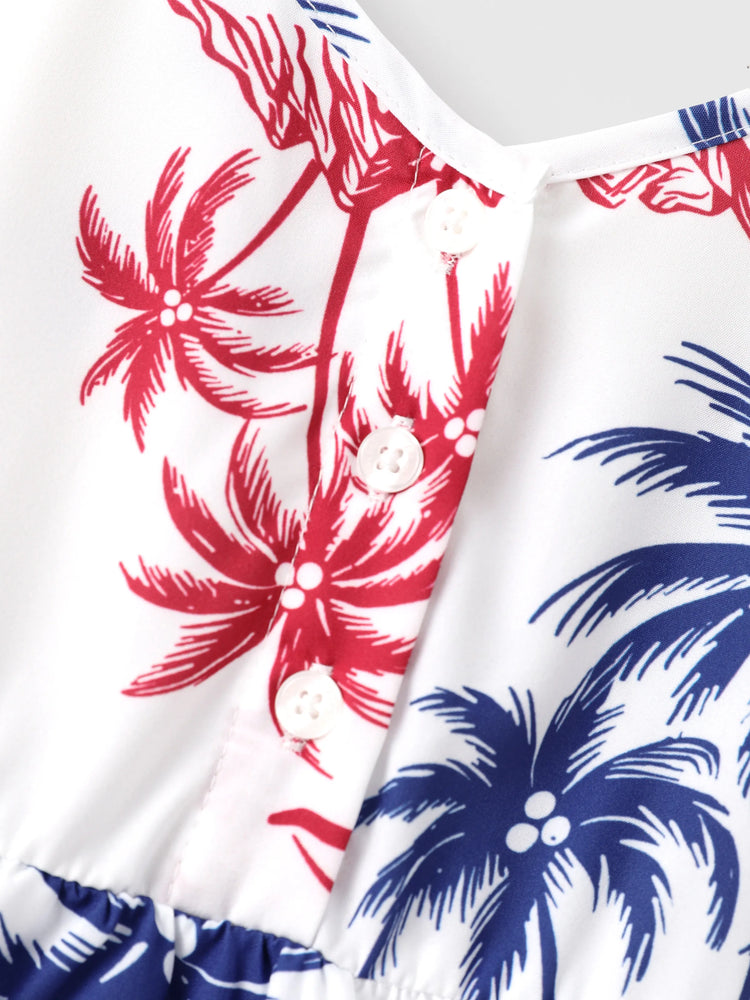 Independence Day 4th of July Matching Family Outfits Red & Blue Palm Tree Print Hawaiian Vacation Clothes Summer Beach Shirt & Dress Set Multi-color