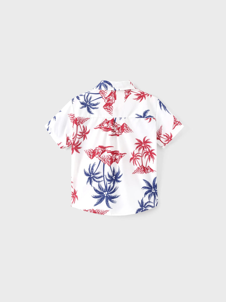 Independence Day 4th of July Matching Family Outfits Red & Blue Palm Tree Print Hawaiian Vacation Clothes Summer Beach Shirt & Dress Set Multi-color