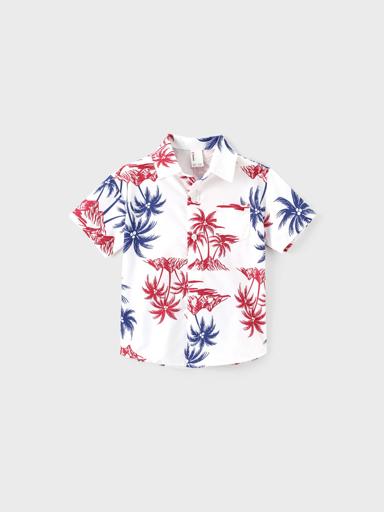 Independence Day 4th of July Matching Family Outfits Red & Blue Palm Tree Print Hawaiian Vacation Clothes Summer Beach Shirt & Dress Set Multi-color
