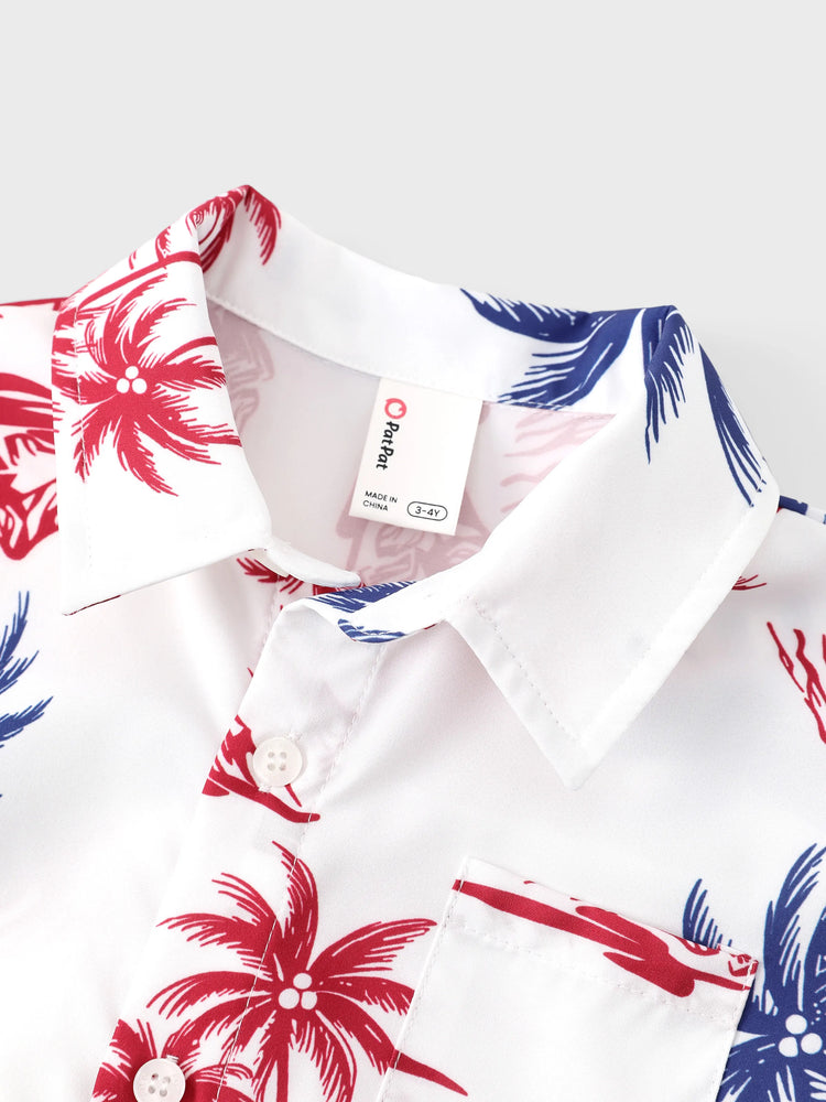 Independence Day 4th of July Matching Family Outfits Red & Blue Palm Tree Print Hawaiian Vacation Clothes Summer Beach Shirt & Dress Set Multi-color