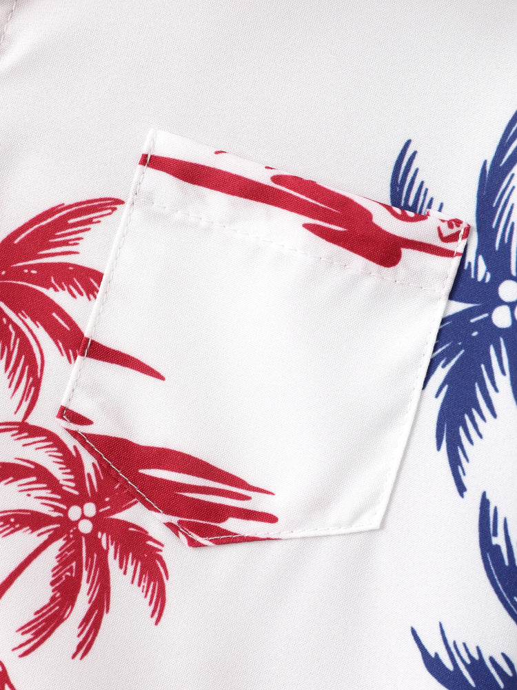 Independence Day 4th of July Matching Family Outfits Red & Blue Palm Tree Print Hawaiian Vacation Clothes Summer Beach Shirt & Dress Set Multi-color