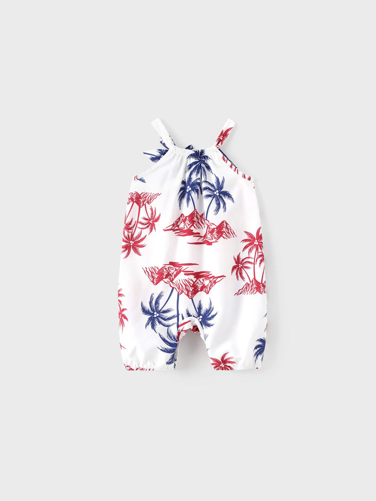 Independence Day 4th of July Matching Family Outfits Red & Blue Palm Tree Print Hawaiian Vacation Clothes Summer Beach Shirt & Dress Set Multi-color