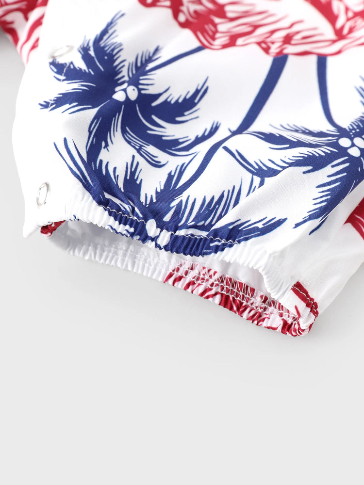 Independence Day 4th of July Matching Family Outfits Red & Blue Palm Tree Print Hawaiian Vacation Clothes Summer Beach Shirt & Dress Set Multi-color