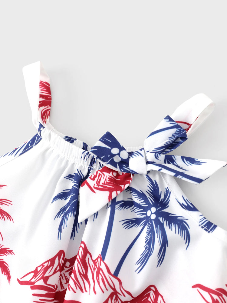 Independence Day 4th of July Matching Family Outfits Red & Blue Palm Tree Print Hawaiian Vacation Clothes Summer Beach Shirt & Dress Set Multi-color