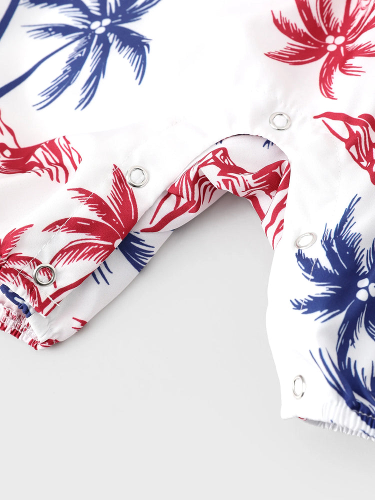 Independence Day 4th of July Matching Family Outfits Red & Blue Palm Tree Print Hawaiian Vacation Clothes Summer Beach Shirt & Dress Set Multi-color