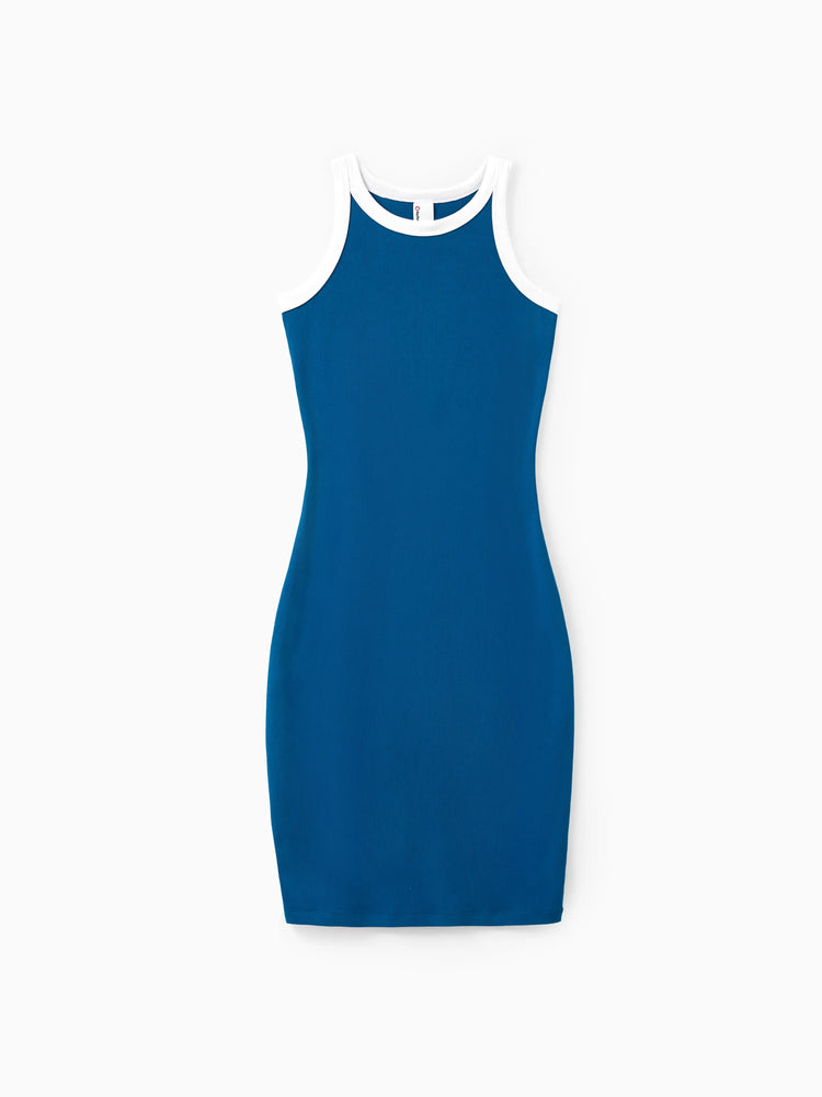 Matching Family Outfits Summer Set Colorblock Cotton Short-sleeve Shirt or Blue Tank Knit Dress for Vacation Royal Blue