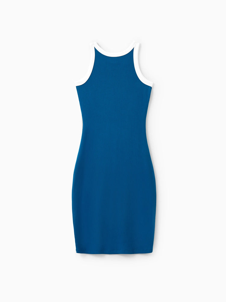 Matching Family Outfits Summer Set Colorblock Cotton Short-sleeve Shirt or Blue Tank Knit Dress for Vacation Royal Blue