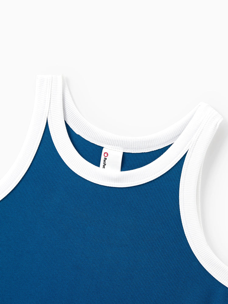 Matching Family Outfits Summer Set Colorblock Cotton Short-sleeve Shirt or Blue Tank Knit Dress for Vacation Royal Blue