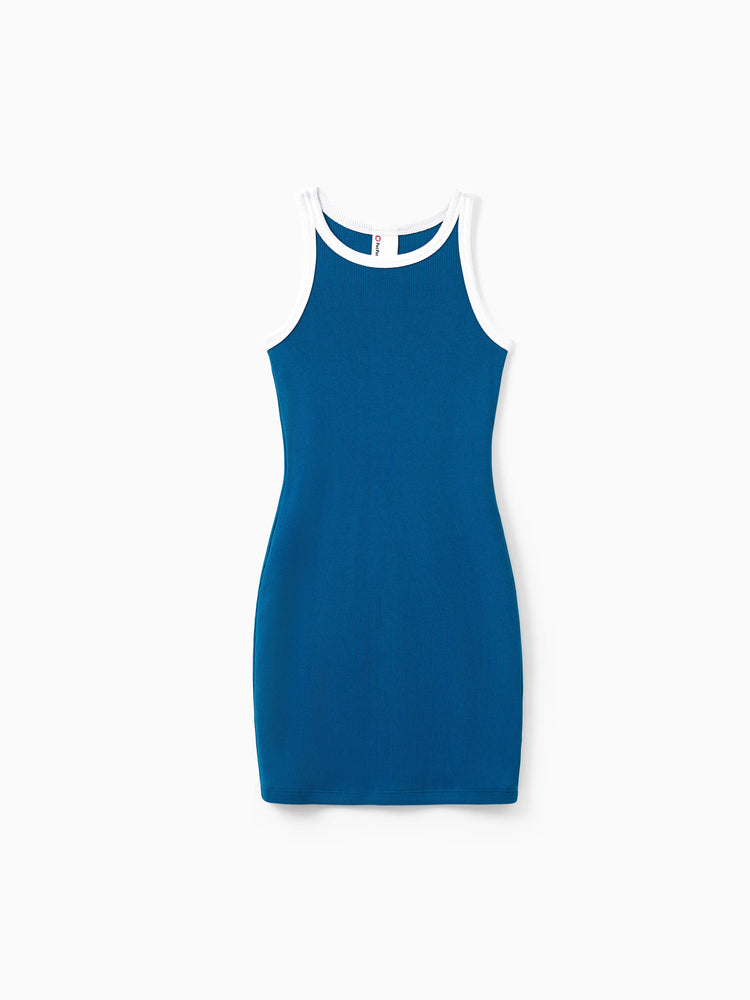 Matching Family Outfits Summer Set Colorblock Cotton Short-sleeve Shirt or Blue Tank Knit Dress for Vacation Royal Blue