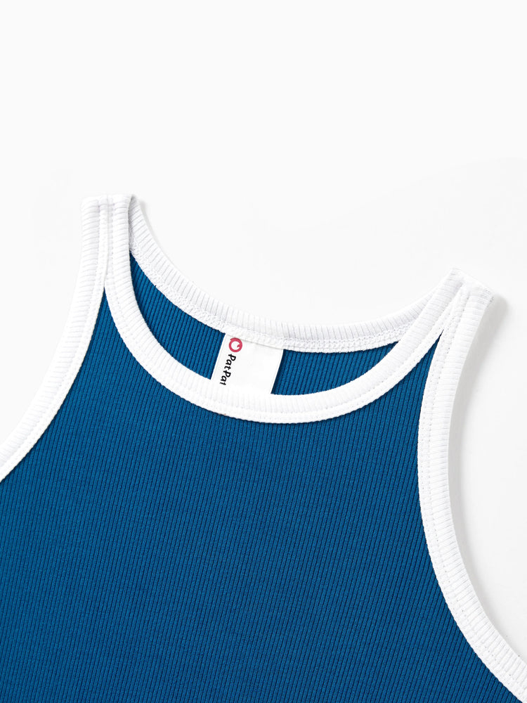 Matching Family Outfits Summer Set Colorblock Cotton Short-sleeve Shirt or Blue Tank Knit Dress for Vacation Royal Blue