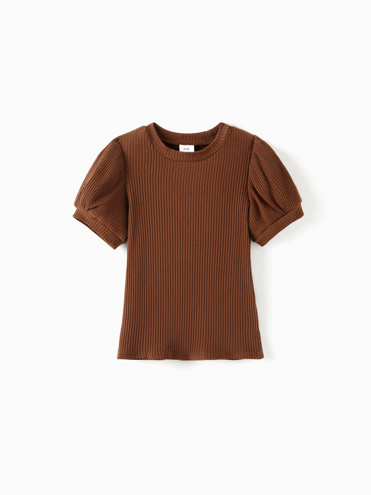 2pcs Toddler Girl Classic Puff-sleeve Tee and Houndstooth Pleated Skirt Set Brown