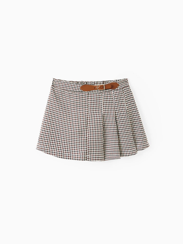 2pcs Toddler Girl Classic Puff-sleeve Tee and Houndstooth Pleated Skirt Set Brown