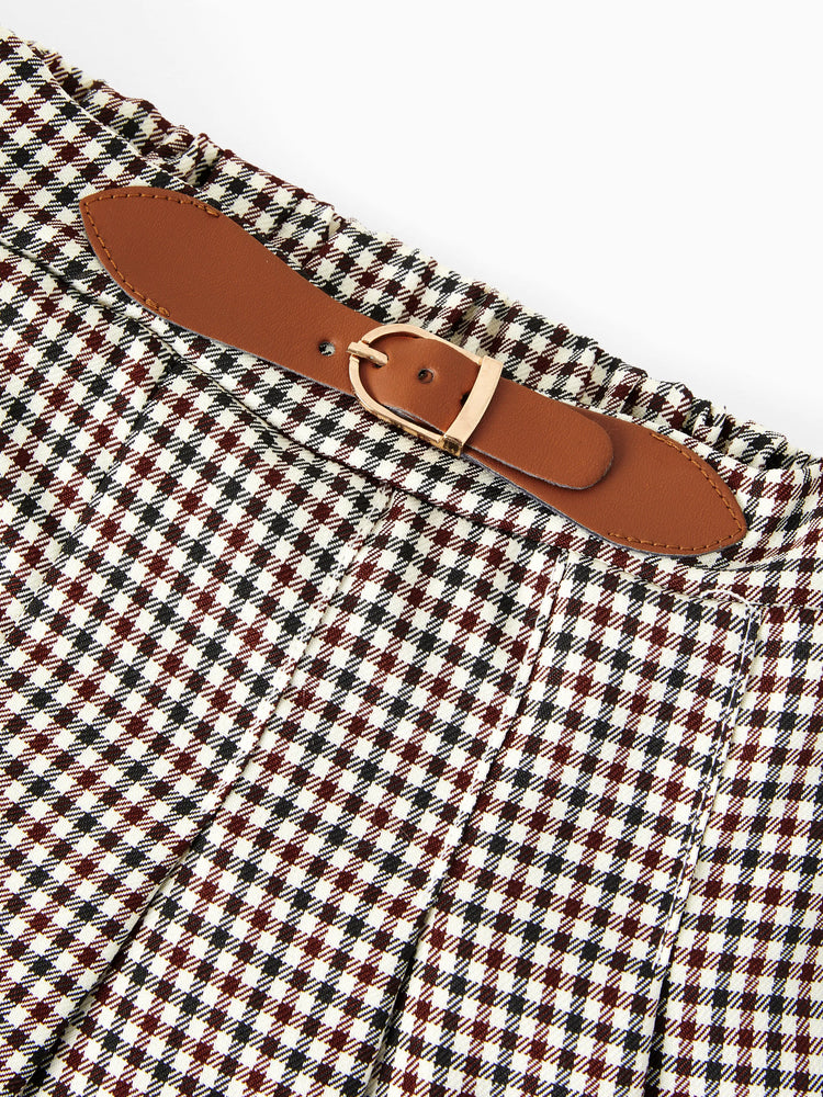 2pcs Toddler Girl Classic Puff-sleeve Tee and Houndstooth Pleated Skirt Set Brown