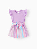 Ensemble 2 pièces pour petite fille : t-shirt à manches volantées et short rayé avec ceinture, violet clair