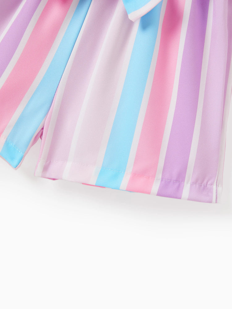 Ensemble 2 pièces pour petite fille : t-shirt à manches volantées et short rayé avec ceinture, violet clair