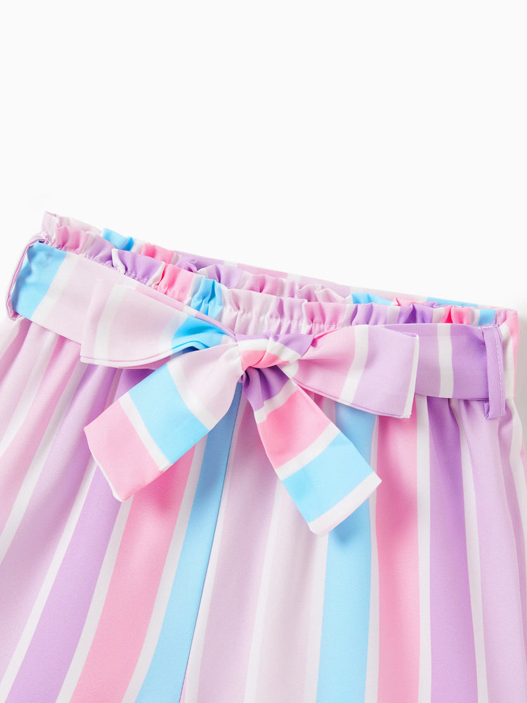 Ensemble 2 pièces pour petite fille : t-shirt à manches volantées et short rayé avec ceinture, violet clair