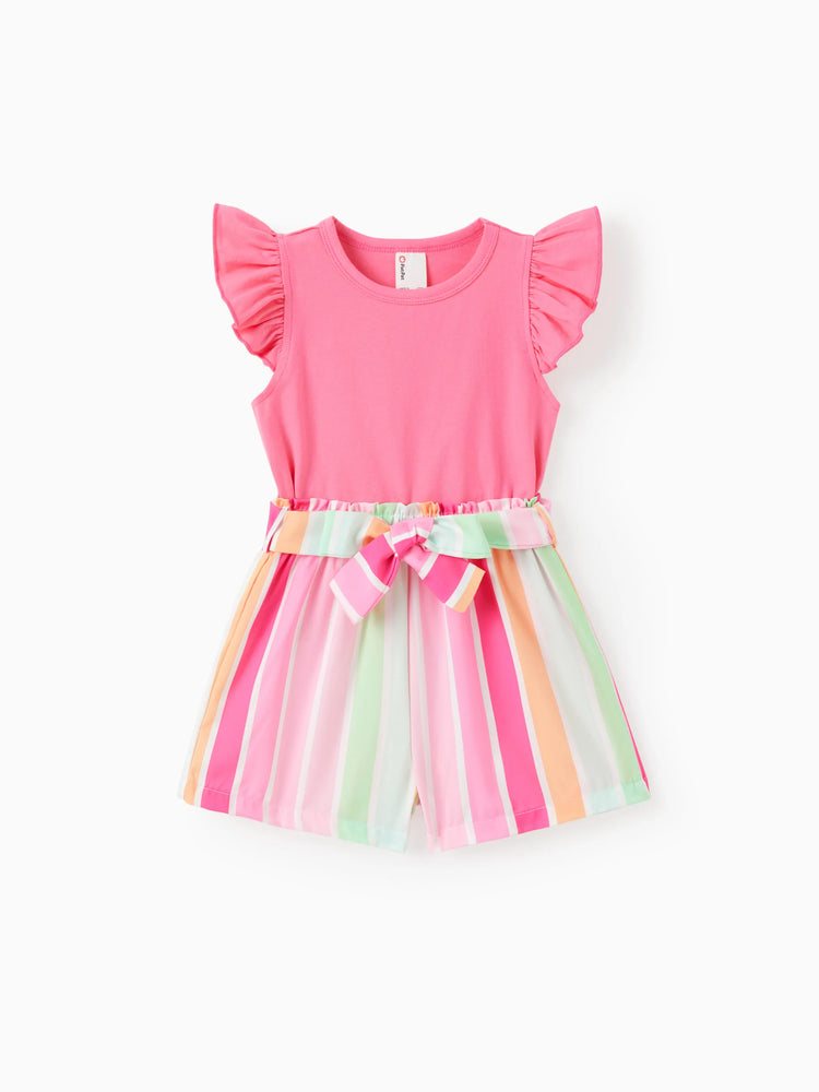 2pcs Toddler Girl Sweet Flutter-sleeve Tee and Stripe Belted Shorts Set Hot Pink