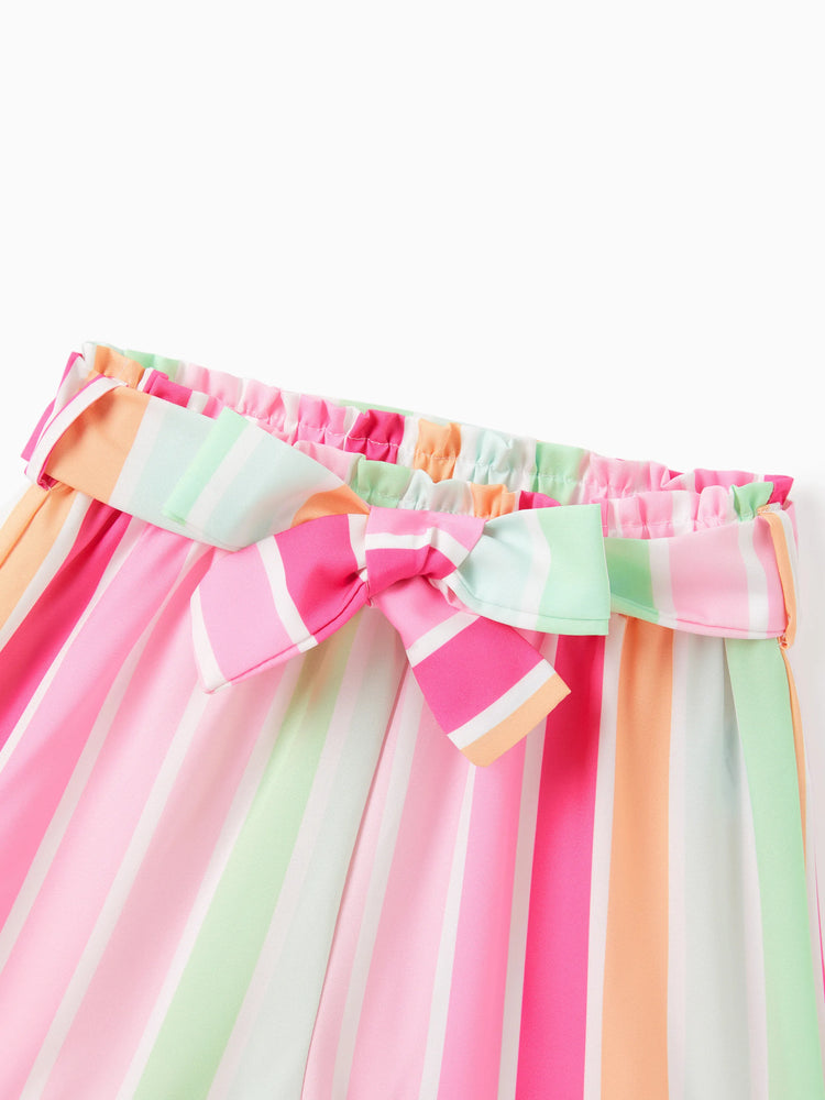 2pcs Kleinkind Mädchen Süße Flutter-Ärmel T-Shirt und Streifen Gürtel Shorts Set Fuchsie