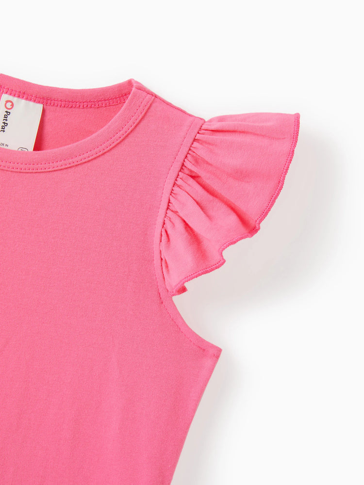 2pcs Kleinkind Mädchen Süße Flutter-Ärmel T-Shirt und Streifen Gürtel Shorts Set Fuchsie