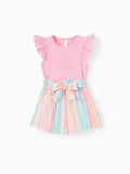 Ensemble 2 pièces pour petite fille : t-shirt à manches volantées et short rayé avec ceinture, rose