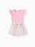 2pcs Toddler Girl Sweet Flutter-sleeve Tee and Stripe Belted Shorts Set Pink