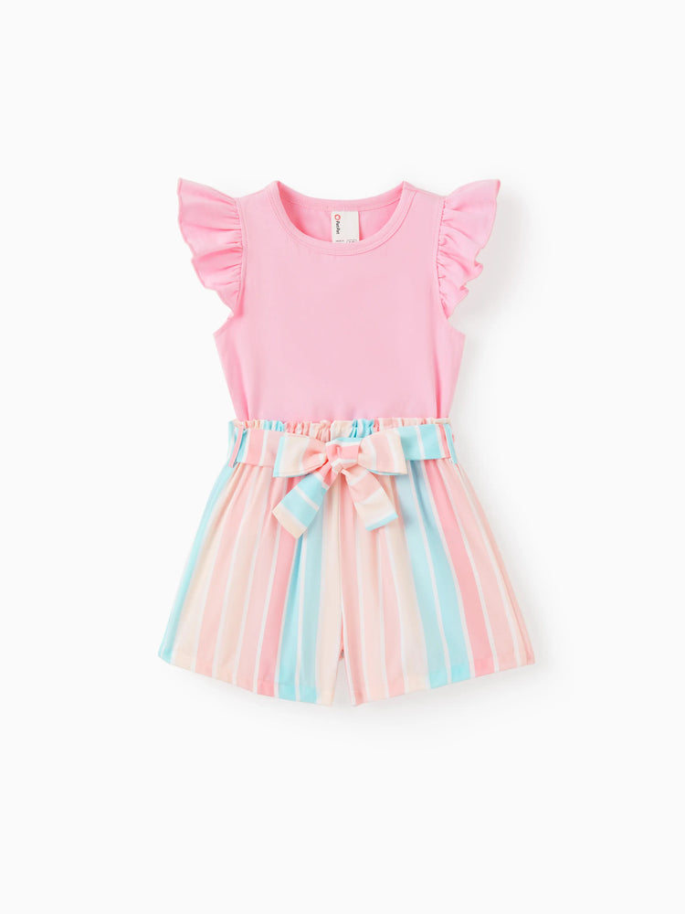 Ensemble 2 pièces pour petite fille : t-shirt à manches volantées et short rayé avec ceinture, rose