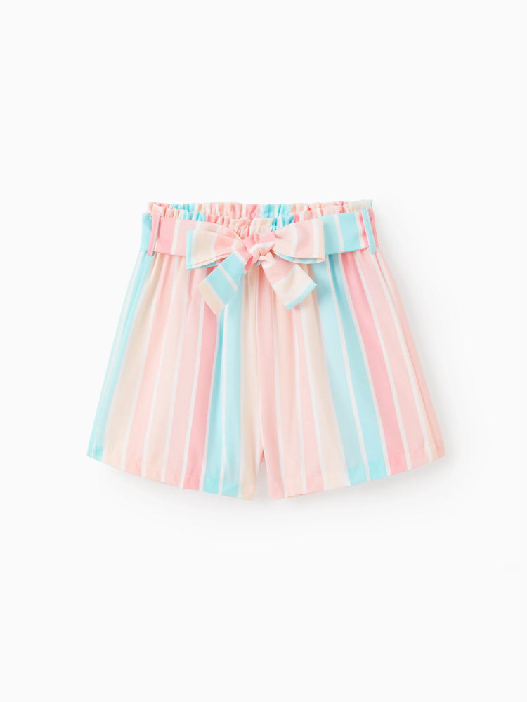 Ensemble 2 pièces pour petite fille : t-shirt à manches volantées et short rayé avec ceinture, rose
