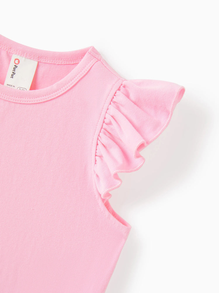 Ensemble 2 pièces pour petite fille : t-shirt à manches volantées et short rayé avec ceinture, rose