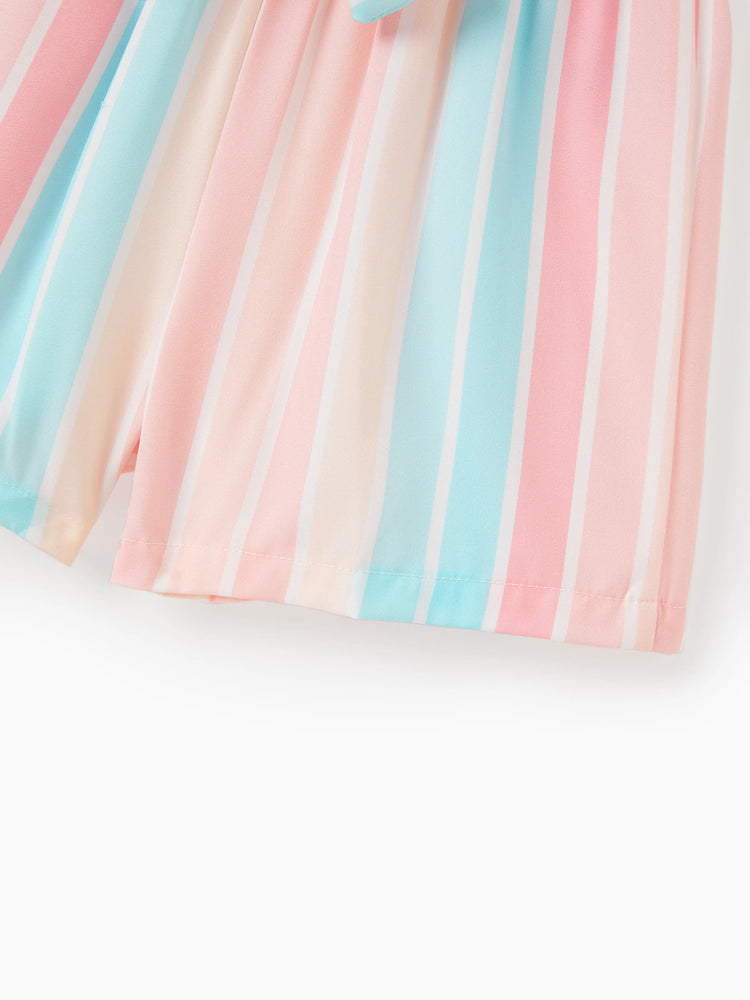 Ensemble 2 pièces pour petite fille : t-shirt à manches volantées et short rayé avec ceinture, rose