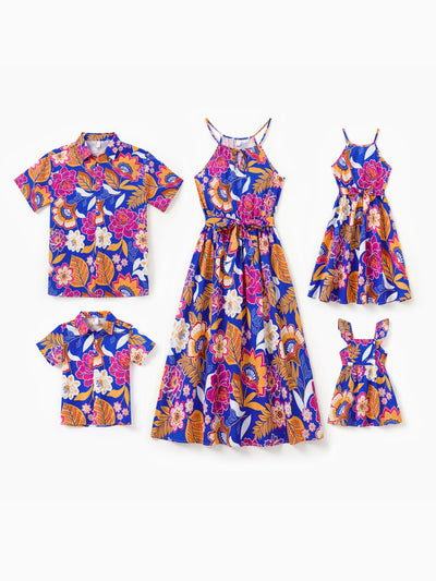 Tenues hawaïennes assorties pour la famille, vêtements de vacances à imprimé floral tropical, robe ceinturée à bretelles ou chemises à manches courtes, ensemble de vêtements de plage d'été bleu marine