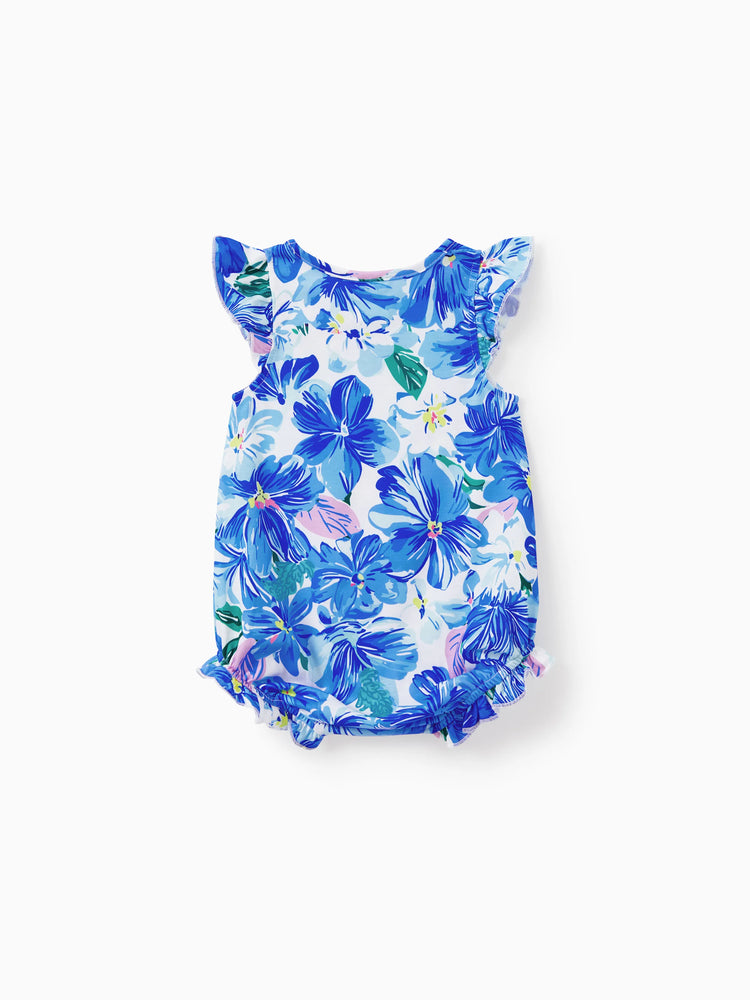 Matching Family Outfits Summer Blue Set Tropical Floral Print Sundresses or Splicing Colorblock T-shirt Hawaiian Vacation Beachwear for Family Photos Blue