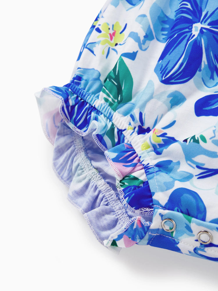 Matching Family Outfits Summer Blue Set Tropical Floral Print Sundresses or Splicing Colorblock T-shirt Hawaiian Vacation Beachwear for Family Photos Blue