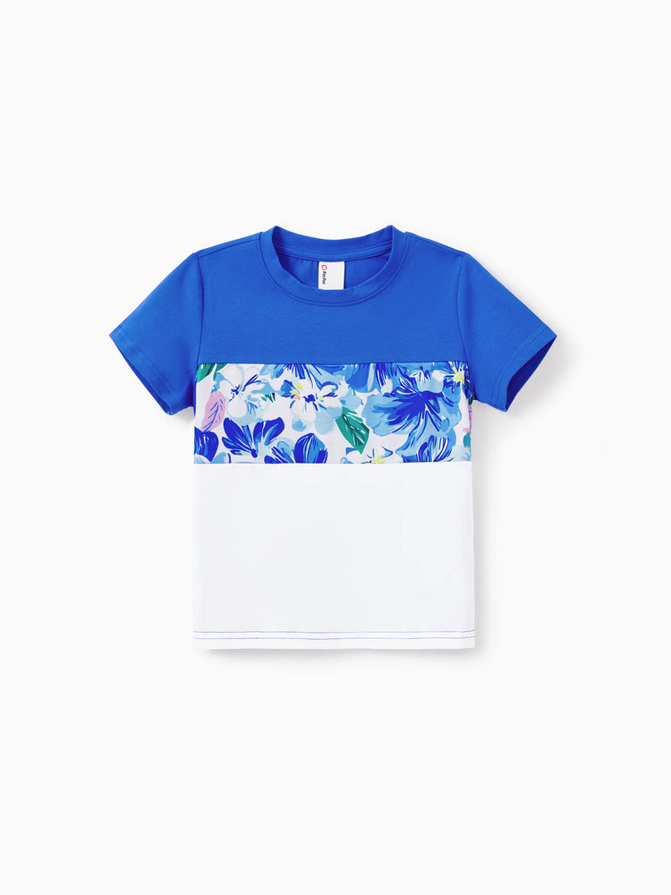 Matching Family Outfits Summer Blue Set Tropical Floral Print Sundresses or Splicing Colorblock T-shirt Hawaiian Vacation Beachwear for Family Photos Blue
