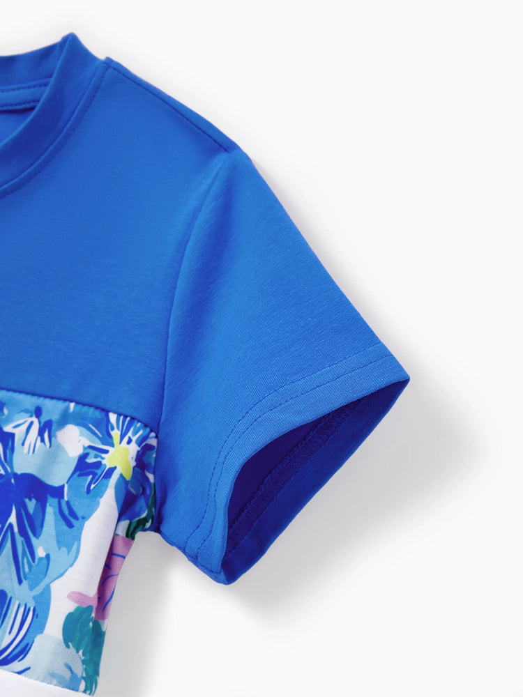 Matching Family Outfits Summer Blue Set Tropical Floral Print Sundresses or Splicing Colorblock T-shirt Hawaiian Vacation Beachwear for Family Photos Blue
