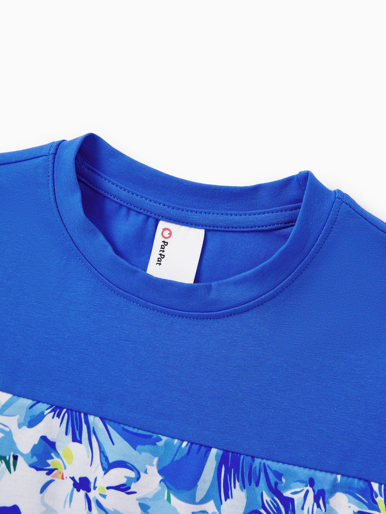 Matching Family Outfits Summer Blue Set Tropical Floral Print Sundresses or Splicing Colorblock T-shirt Hawaiian Vacation Beachwear for Family Photos Blue