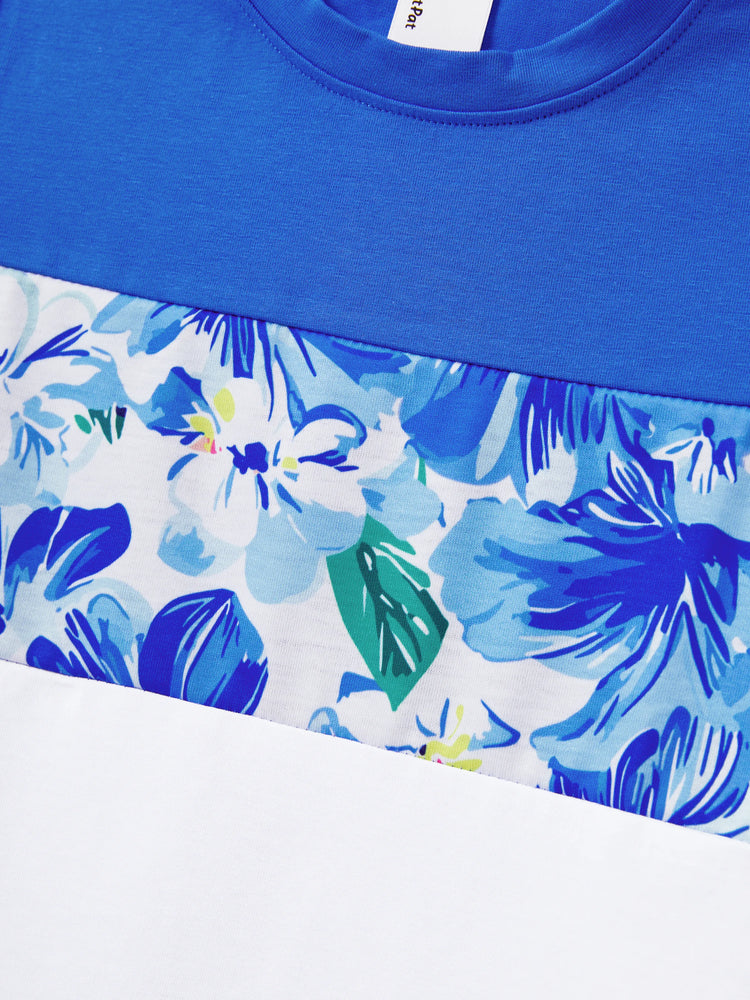 Matching Family Outfits Summer Blue Set Tropical Floral Print Sundresses or Splicing Colorblock T-shirt Hawaiian Vacation Beachwear for Family Photos Blue