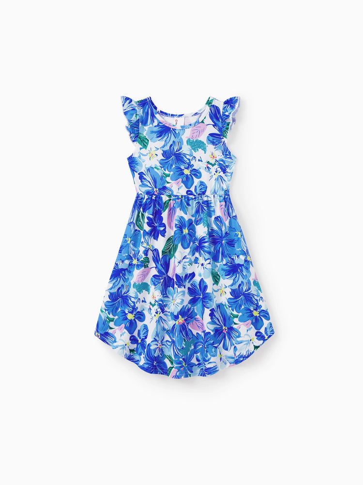 Matching Family Outfits Summer Blue Set Tropical Floral Print Sundresses or Splicing Colorblock T-shirt Hawaiian Vacation Beachwear for Family Photos Blue