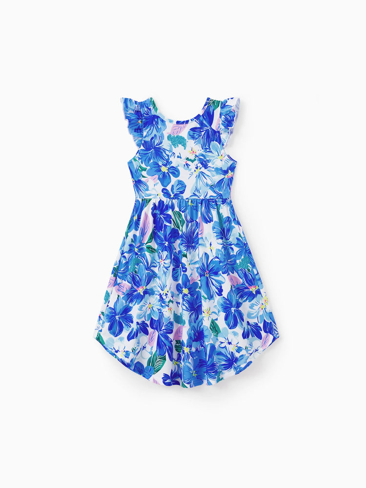 Matching Family Outfits Summer Blue Set Tropical Floral Print Sundresses or Splicing Colorblock T-shirt Hawaiian Vacation Beachwear for Family Photos Blue