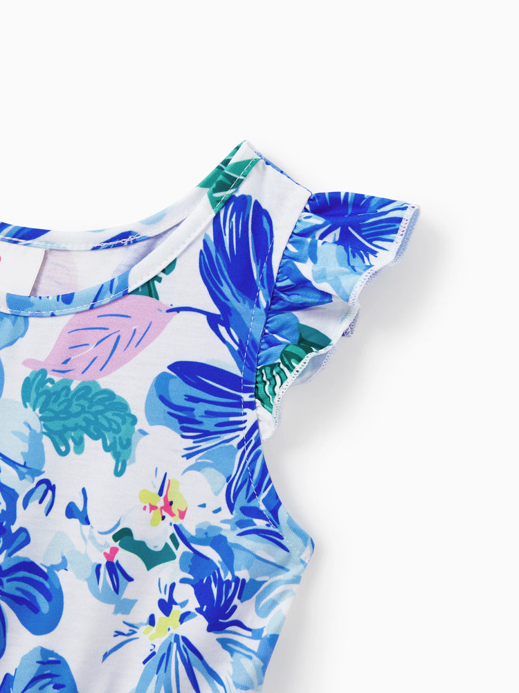 Matching Family Outfits Summer Blue Set Tropical Floral Print Sundresses or Splicing Colorblock T-shirt Hawaiian Vacation Beachwear for Family Photos Blue